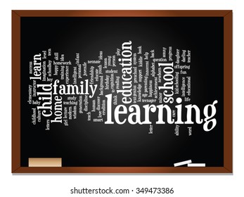 Concepto vectorial o educación conceptual nube de palabras abstracta, fondo de pizarra, metáfora al niño, la familia, la escuela, el aprendizaje, el conocimiento, el hogar, el estudio, la enseñanza, la educación, el logro, la infancia o la adolescencia