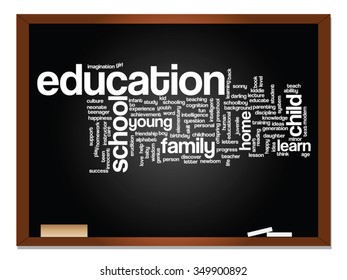 Concepto vectorial o educación conceptual nube de palabras abstracta, fondo de pizarra, metáfora al niño, la familia, la escuela, el aprendizaje, el conocimiento, el hogar, el estudio, la enseñanza, la educación, el logro, la infancia o la adolescencia