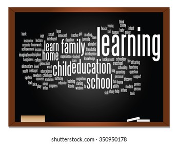 Vector concept or conceptual education abstract word cloud, blackboard background, metaphor to child, family, school, learn, knowledge, home, study, teach, educational, achievement, childhood or teen