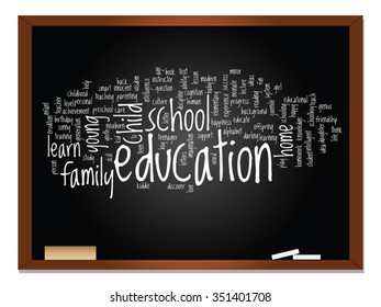 Vector concept or conceptual education abstract word cloud, blackboard background, metaphor to child, family, school, learn, knowledge, home, study, teach, educational, achievement, childhood or teen