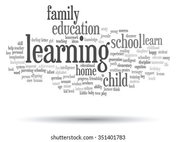 Vector concept or conceptual education abstract word cloud, white background, metaphor to child, family, school, learn, knowledge, home, study, teach, educational, achievement, childhood or teen