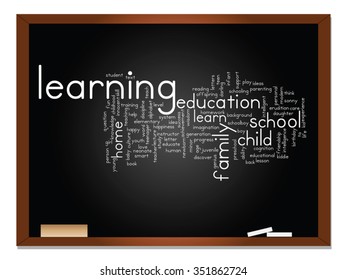 Concepto vectorial o educación conceptual nube de palabras abstracta, fondo de pizarra, metáfora al niño, la familia, la escuela, el aprendizaje, el conocimiento, el hogar, el estudio, la enseñanza, la educación, el logro, la infancia o la adolescencia