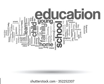 Vector concept or conceptual education abstract word cloud, white background, metaphor to child, family, school, learn, knowledge, home, study, teach, educational, achievement, childhood or teen