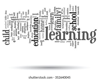 Concepto vectorial o educación conceptual nube de palabras abstracta, fondo blanco, metáfora al niño, la familia, la escuela, el aprendizaje, el conocimiento, el hogar, el estudio, la enseñanza, la educación, el logro, la infancia o la adolescencia