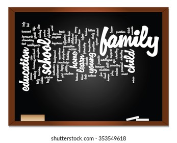 Vector concept or conceptual education abstract word cloud, blackboard background, metaphor to child, family, school, learn, knowledge, home, study, teach, educational, achievement, childhood or teen