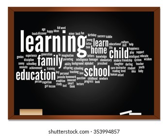 Vector concept or conceptual education abstract word cloud, blackboard background, metaphor to child, family, school, learn, knowledge, home, study, teach, educational, achievement, childhood or teen