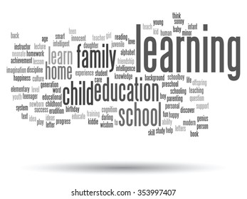 Vector concept or conceptual education abstract word cloud, white background, metaphor to child, family, school, learn, knowledge, home, study, teach, educational, achievement, childhood or teen