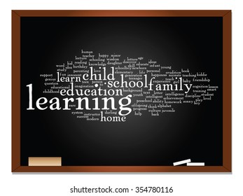Concepto vectorial o educación conceptual nube de palabras abstracta, fondo de pizarra, metáfora al niño, la familia, la escuela, el aprendizaje, el conocimiento, el hogar, el estudio, la enseñanza, la educación, el logro, la infancia o la adolescencia