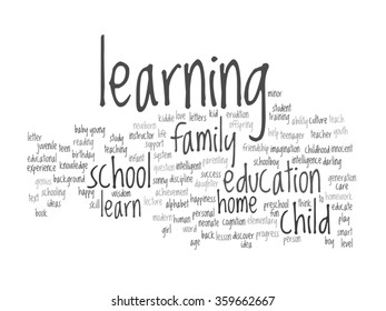 Vector concept or conceptual education abstract word cloud, white background, metaphor to child, family, school, life, learn, knowledge, home, study, teach, educational, achievement, childhood or teen