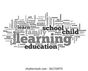 Vector concept or conceptual education abstract word cloud, white background, metaphor to child, family, school, life, learn, knowledge, home, study, teach, educational, achievement, childhood or teen