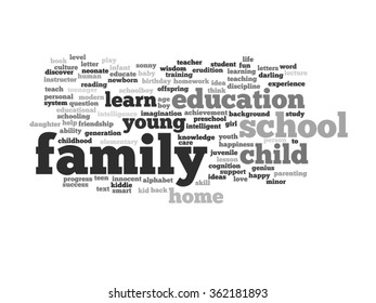 Vector concept or conceptual education abstract word cloud, white background, metaphor to child, family, school, life, learn, knowledge, home, study, teach, educational, achievement, childhood or teen