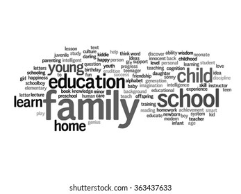 Vector concept or conceptual education abstract word cloud, white background, metaphor to child, family, school, life, learn, knowledge, home, study, teach, educational, achievement, childhood or teen