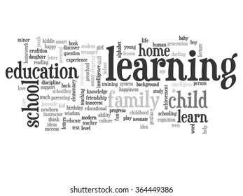 Vector concept or conceptual education abstract word cloud, white background, metaphor to child, family, school, life, learn, knowledge, home, study, teach, educational, achievement, childhood or teen