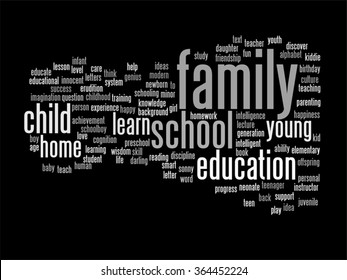 Vector concept or conceptual education abstract word cloud, black background, metaphor to child, family, school, life, learn, knowledge, home, study, teach, educational, achievement, childhood or teen