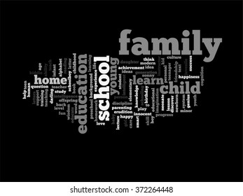 Concepto vectorial o educación conceptual nube de palabras abstracta, fondo negro, metáfora al niño, la familia, la escuela, la vida, el aprendizaje, el conocimiento, el hogar, el estudio, la enseñanza, la educación, el logro, la infancia o la adolescencia