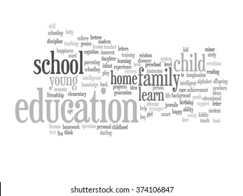 Vector concept or conceptual education abstract word cloud, white background, metaphor to child, family, school, life, learn, knowledge, home, study, teach, educational, achievement, childhood or teen
