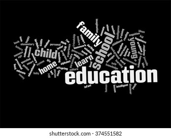 Vector concept or conceptual education abstract word cloud, black background, metaphor to child, family, school, life, learn, knowledge, home, study, teach, educational, achievement, childhood or teen