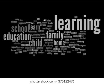 Concepto vectorial o educación conceptual nube de palabras abstracta, fondo negro, metáfora al niño, la familia, la escuela, la vida, el aprendizaje, el conocimiento, el hogar, el estudio, la enseñanza, la educación, el logro, la infancia o la adolescencia