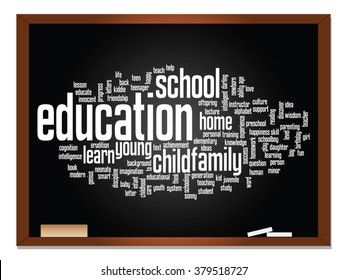 Vektor-Konzept oder konzeptionelle Erziehung abstrakte Wort-Cloud, schwarzer Hintergrund, Metapher für Kind, Familie, Schule, Lernen, Wissen, Zuhause, Studium, Lehre, Erziehung, Leistung, Kindheit oder Teenager
