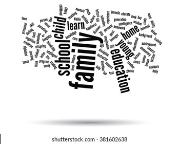 Concepto vectorial o educación conceptual nube de palabras abstracta, fondo blanco, metáfora al niño, la familia, la escuela, la vida, el aprendizaje, el conocimiento, el hogar, el estudio, la enseñanza, la educación, el logro, la infancia o la adolescencia