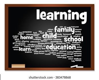 Vector concept or conceptual education abstract word cloud, blackboard background, metaphor to child, family, school, learn, knowledge, home, study, teach, educational, achievement, childhood or teen