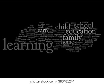 Concepto vectorial o educación conceptual nube de palabras abstracta, fondo negro, metáfora al niño, la familia, la escuela, la vida, el aprendizaje, el conocimiento, el hogar, el estudio, la enseñanza, la educación, el logro, la infancia o la adolescencia