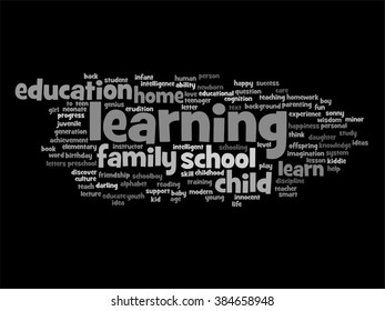 Vector concept or conceptual education abstract word cloud, black background, metaphor to child, family, school, life, learn, knowledge, home, study, teach, educational, achievement, childhood or teen