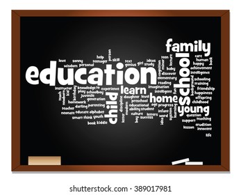 Vector concept or conceptual education abstract word cloud, blackboard background, metaphor to child, family, school, learn, knowledge, home, study, teach, educational, achievement, childhood or teen
