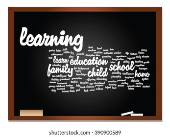 Concepto vectorial o educación conceptual nube de palabras abstracta, fondo de pizarra, metáfora al niño, la familia, la escuela, el aprendizaje, el conocimiento, el hogar, el estudio, la enseñanza, la educación, el logro, la infancia o la adolescencia