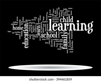 Concepto vectorial o educación conceptual nube de palabras abstracta, fondo negro, metáfora al niño, la familia, la escuela, la vida, el aprendizaje, el conocimiento, el hogar, el estudio, la enseñanza, la educación, el logro, la infancia o la adolescencia