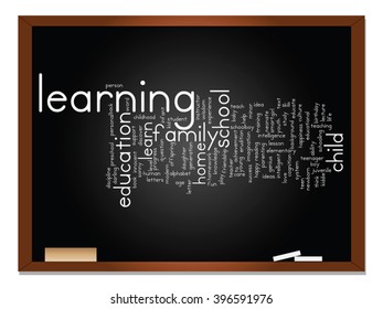 Vector concept or conceptual education abstract word cloud, blackboard background, metaphor to child, family, school, learn, knowledge, home, study, teach, educational, achievement, childhood or teen