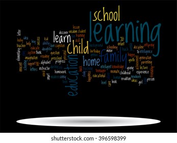 Vector concept or conceptual education abstract word cloud, black background, metaphor to child, family, school, life, learn, knowledge, home, study, teach, educational, achievement, childhood or teen