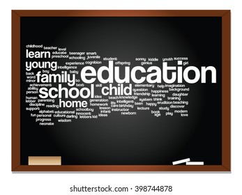 Vector concept or conceptual education abstract word cloud, blackboard background, metaphor to child, family, school, learn, knowledge, home, study, teach, educational, achievement, childhood or teen