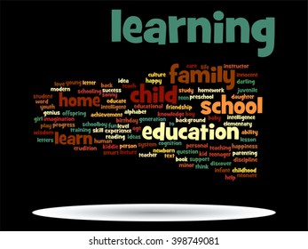 Vector concept or conceptual education abstract word cloud, black background, metaphor to child, family, school, life, learn, knowledge, home, study, teach, educational, achievement, childhood or teen
