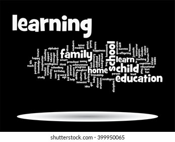 Vector concept or conceptual education abstract word cloud, black background, metaphor to child, family, school, life, learn, knowledge, home, study, teach, educational, achievement, childhood or teen