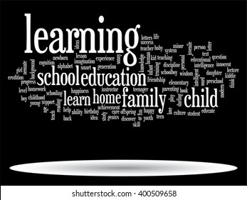 Vector concept or conceptual education abstract word cloud, black background, metaphor to child, family, school, life, learn, knowledge, home, study, teach, educational, achievement, childhood or teen