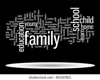 Concepto vectorial o educación conceptual nube de palabras abstracta, fondo negro, metáfora al niño, la familia, la escuela, la vida, el aprendizaje, el conocimiento, el hogar, el estudio, la enseñanza, la educación, el logro, la infancia o la adolescencia