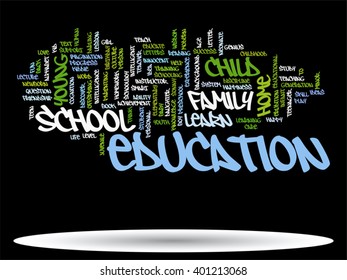 Vector concept or conceptual education abstract word cloud, black background, metaphor to child, family, school, life, learn, knowledge, home, study, teach, educational, achievement, childhood or teen