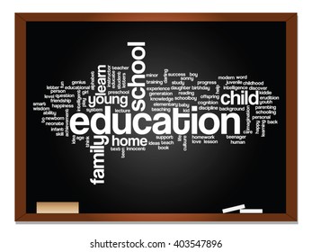 Vector concept or conceptual education abstract word cloud, blackboard background, metaphor to child, family, school, learn, knowledge, home, study, teach, educational, achievement, childhood or teen