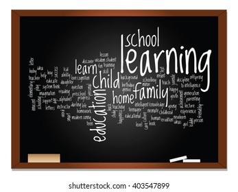 Vektor-Konzept oder konzeptionelle Erziehung abstrakte Wort-Cloud, schwarzer Hintergrund, Metapher für Kind, Familie, Schule, Lernen, Wissen, Zuhause, Studium, Lehre, Erziehung, Leistung, Kindheit oder Teenager