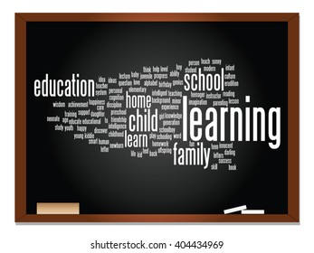 Vector concept or conceptual education abstract word cloud, blackboard background, metaphor to child, family, school, learn, knowledge, home, study, teach, educational, achievement, childhood or teen