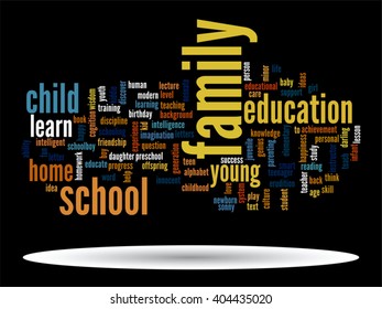 Vektor-Konzept oder konzeptionelle Erziehung abstrakte Wörter Cloud, schwarzer Hintergrund, Metapher für Kind, Familie, Schule, Leben, Lernen, Wissen, Zuhause, Studium, Lehre, Erziehung, Kindheit oder Teenager
