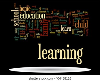 Concepto vectorial o educación conceptual nube de palabras abstracta, fondo negro, metáfora al niño, la familia, la escuela, la vida, el aprendizaje, el conocimiento, el hogar, el estudio, la enseñanza, la educación, el logro, la infancia o la adolescencia