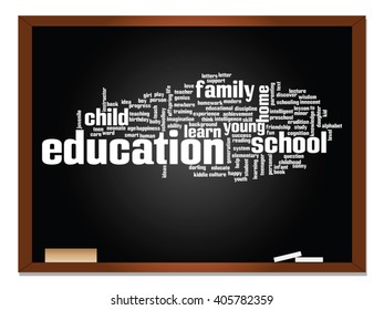 Concepto vectorial o educación conceptual nube de palabras abstracta, fondo de pizarra, metáfora al niño, la familia, la escuela, el aprendizaje, el conocimiento, el hogar, el estudio, la enseñanza, la educación, el logro, la infancia o la adolescencia