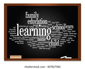 Vector concept or conceptual education abstract word cloud, blackboard background, metaphor to child, family, school, learn, knowledge, home, study, teach, educational, achievement, childhood or teen
