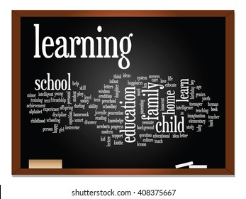 Vector concept or conceptual education abstract word cloud, blackboard background, metaphor to child, family, school, learn, knowledge, home, study, teach, educational, achievement, childhood or teen