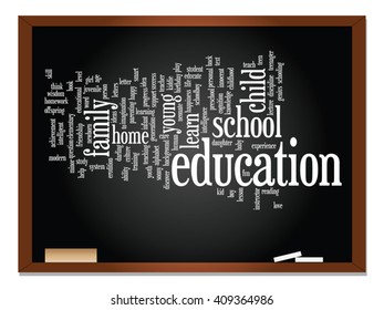 Concepto vectorial o educación conceptual nube de palabras abstracta, fondo de pizarra, metáfora al niño, la familia, la escuela, el aprendizaje, el conocimiento, el hogar, el estudio, la enseñanza, la educación, el logro, la infancia o la adolescencia