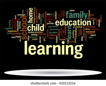 Vector concept or conceptual education abstract word cloud, black background, metaphor to child, family, school, life, learn, knowledge, home, study, teach, educational, achievement, childhood or teen