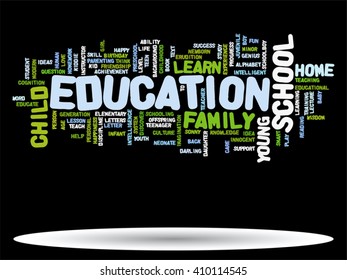 Vector concept or conceptual education abstract word cloud, black background, metaphor to child, family, school, life, learn, knowledge, home, study, teach, educational, achievement, childhood or teen