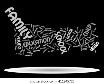 Concepto vectorial o educación conceptual nube de palabras abstracta, fondo negro, metáfora al niño, la familia, la escuela, la vida, el aprendizaje, el conocimiento, el hogar, el estudio, la enseñanza, la educación, el logro, la infancia o la adolescencia